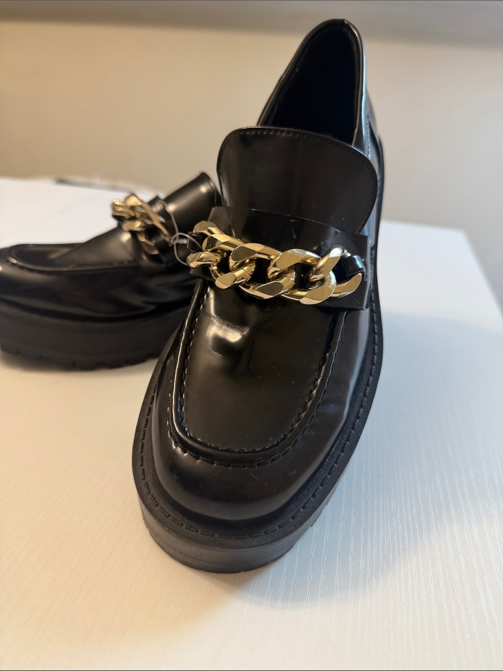 Zara Black Loafers with Gold Chain Accent